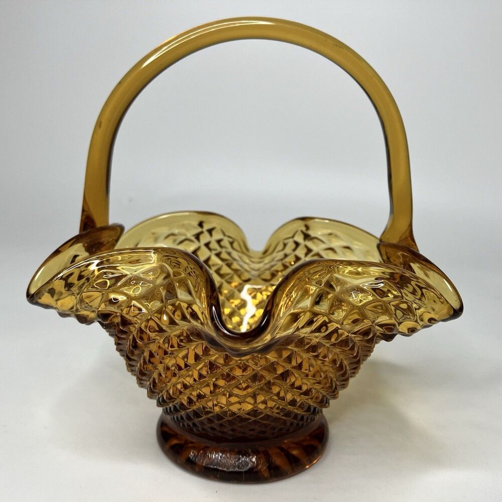 Indiana Glass Amber Diamond Point Art Glass Basket Ruffled Edge 6" Tall Used